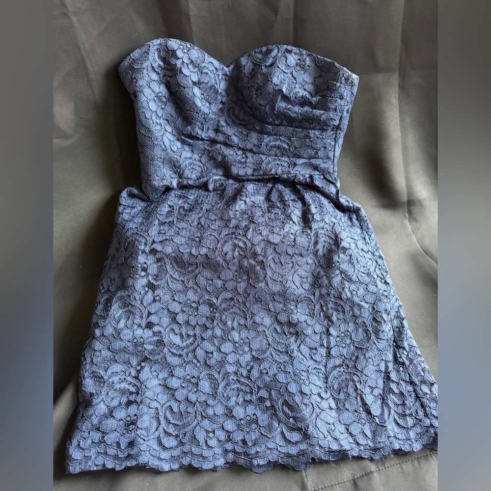 David's Bridal Strapless Midnight Blue Lace Cocktail Dress